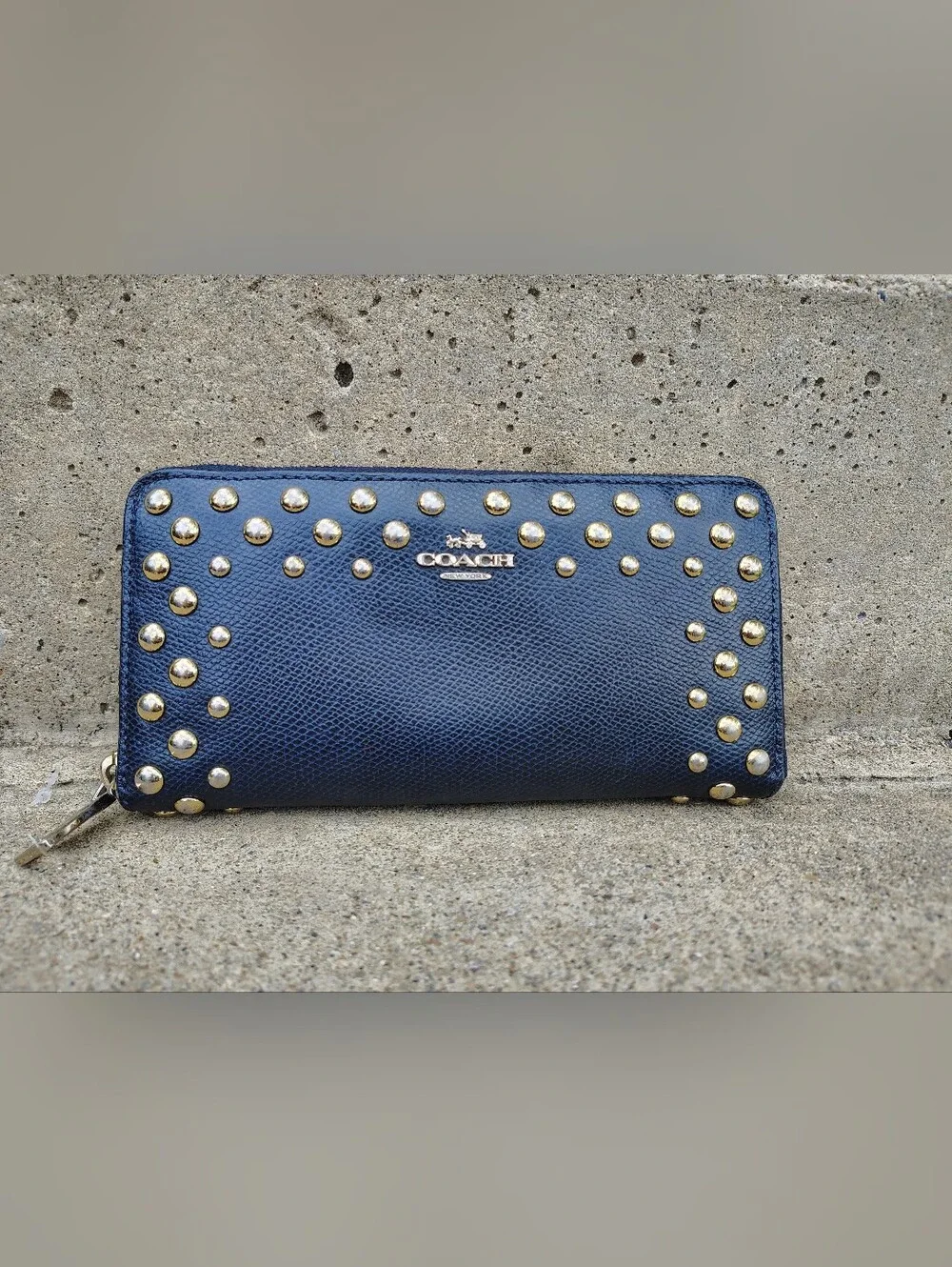 Coach Navy Blue Studded Pebbled Leather Zip-Around Wallet